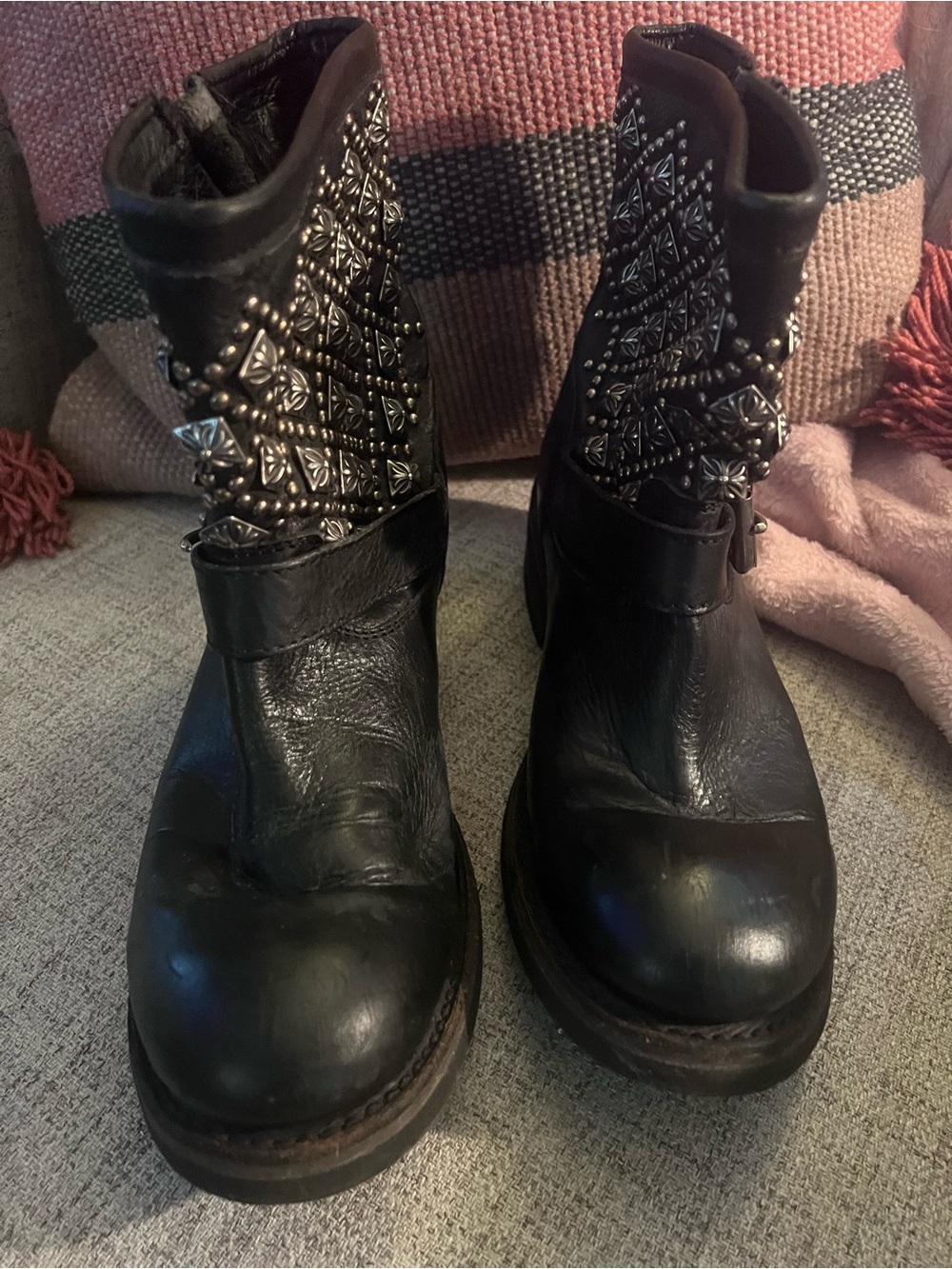 Ash Black Leather Ankle Boots with Silver Stud Embellishments